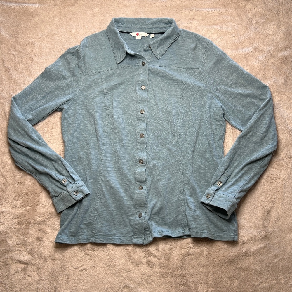 Boden Jersey Collared Shirt Womens US 12R Teal Button Up Long Sleeve Cotton